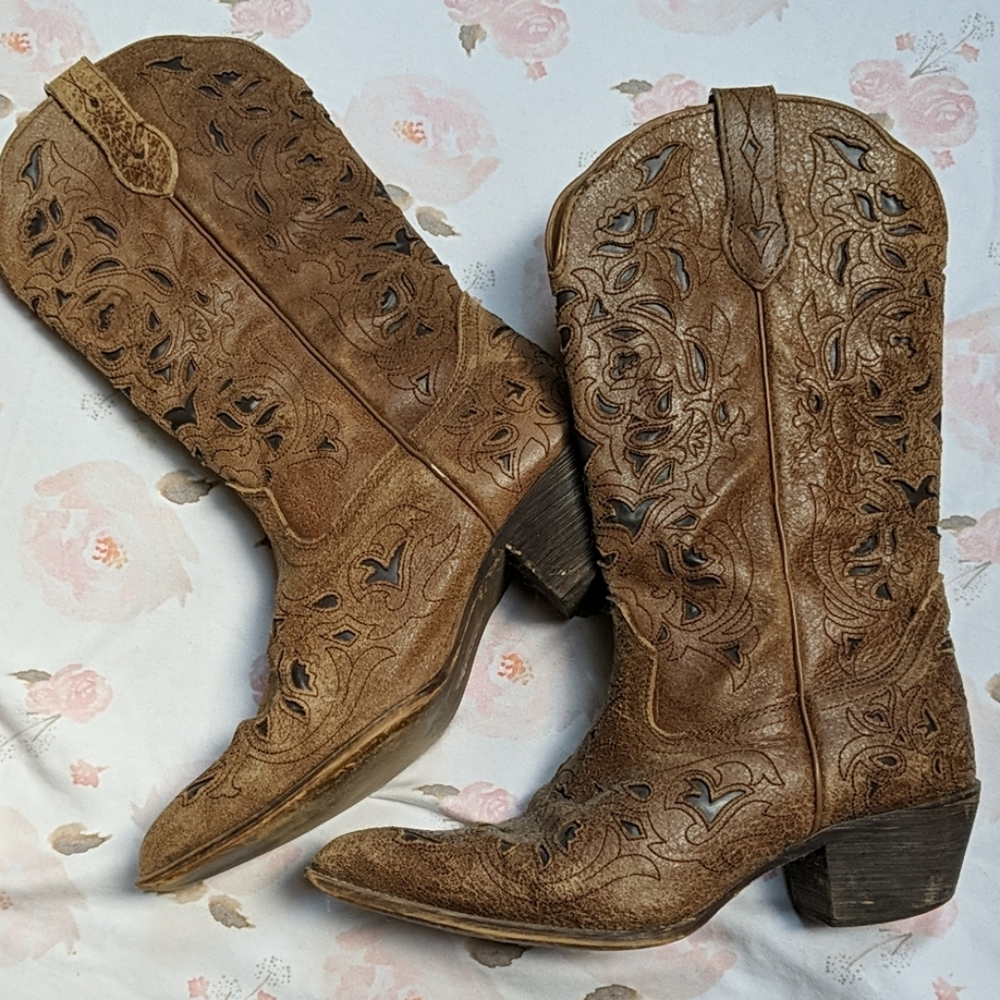 Leather Laredo Cowboy Boots with Laser Cut Details